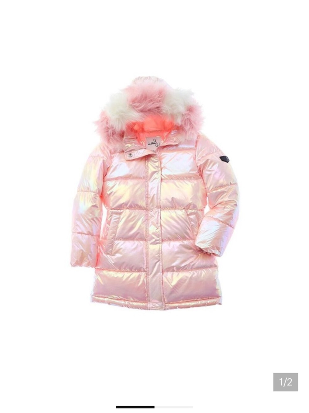 Sam Edelman Iridescent Pink Hooded Puffer with Faux Fur Trim